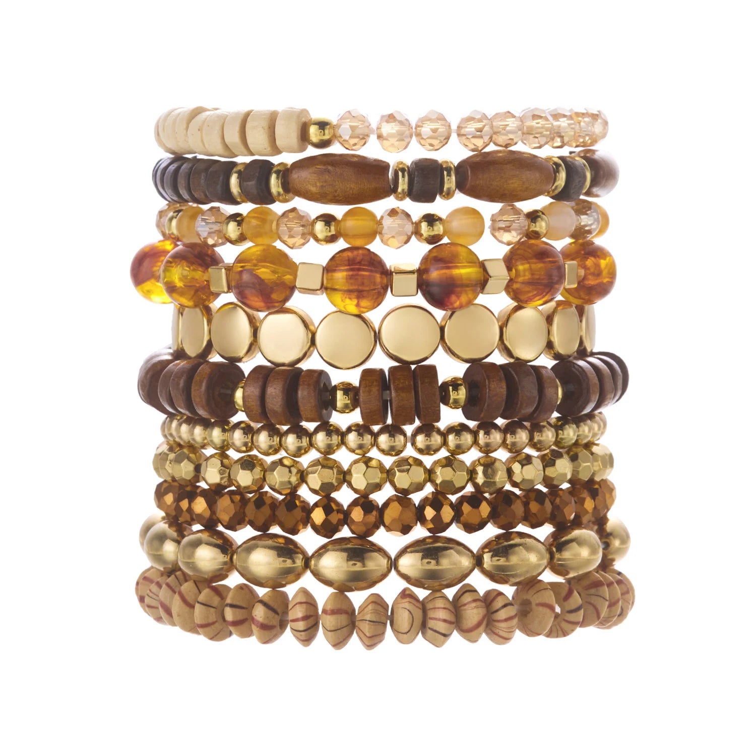 Set of 10 Bohemian wood beaded bracelets by MAIRA'S COLLECTIONS featuring natural wooden beads and adjustable slide closures.
