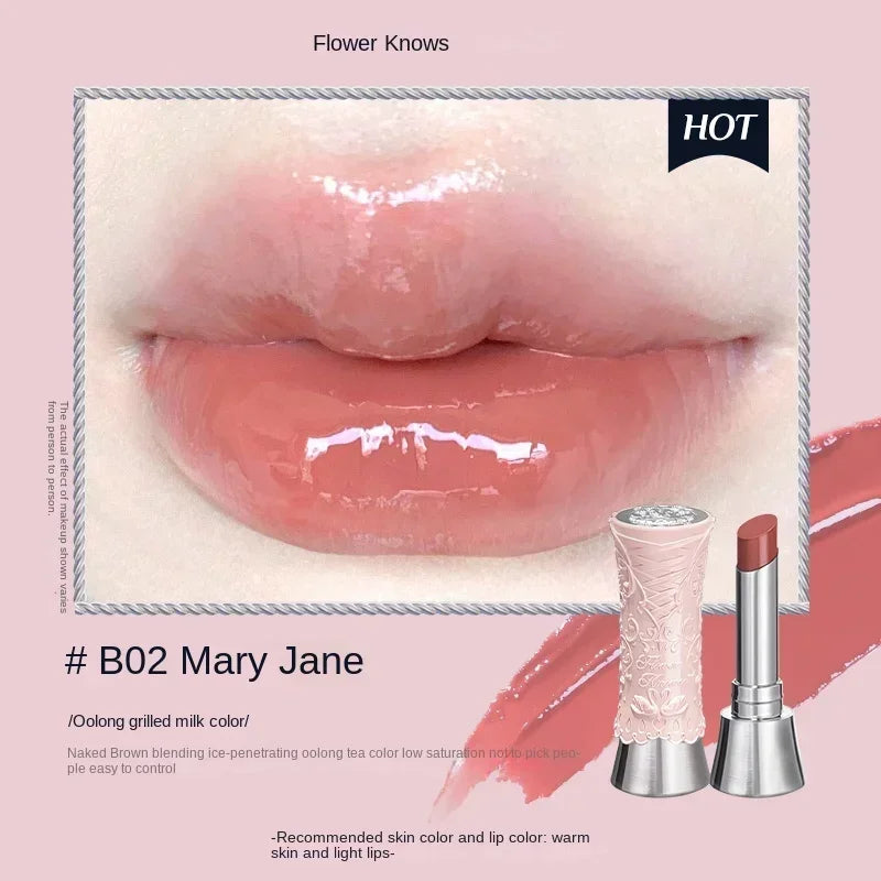 MAIRA'S COLLECTIONS Flower Knows Strawberry Rococo Lip Cream tube with floral design and pink shade on a white background.