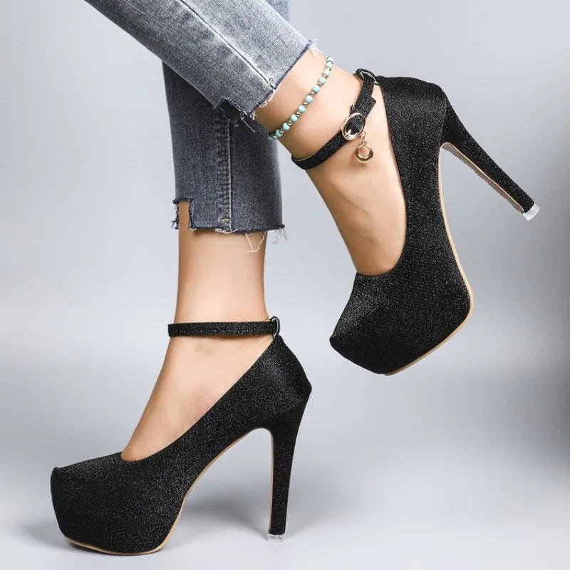 Women's platform thin heel shoes by MAIRA'S COLLECTIONS featuring stylish, beige heels and sleek design on a neutral background.