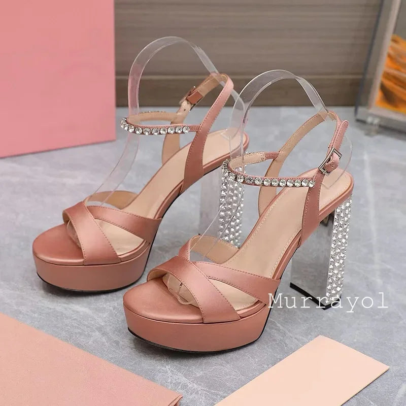 Women's satin platform high heel sandals with rhinestone embellishments, designed for parties by MAIRA'S COLLECTIONS.