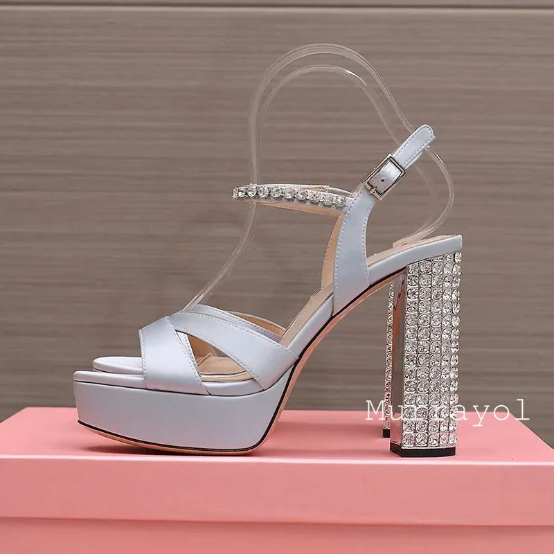 Women's satin platform high heel sandals with rhinestone embellishments, stylish party shoes from MAIRA'S COLLECTIONS.