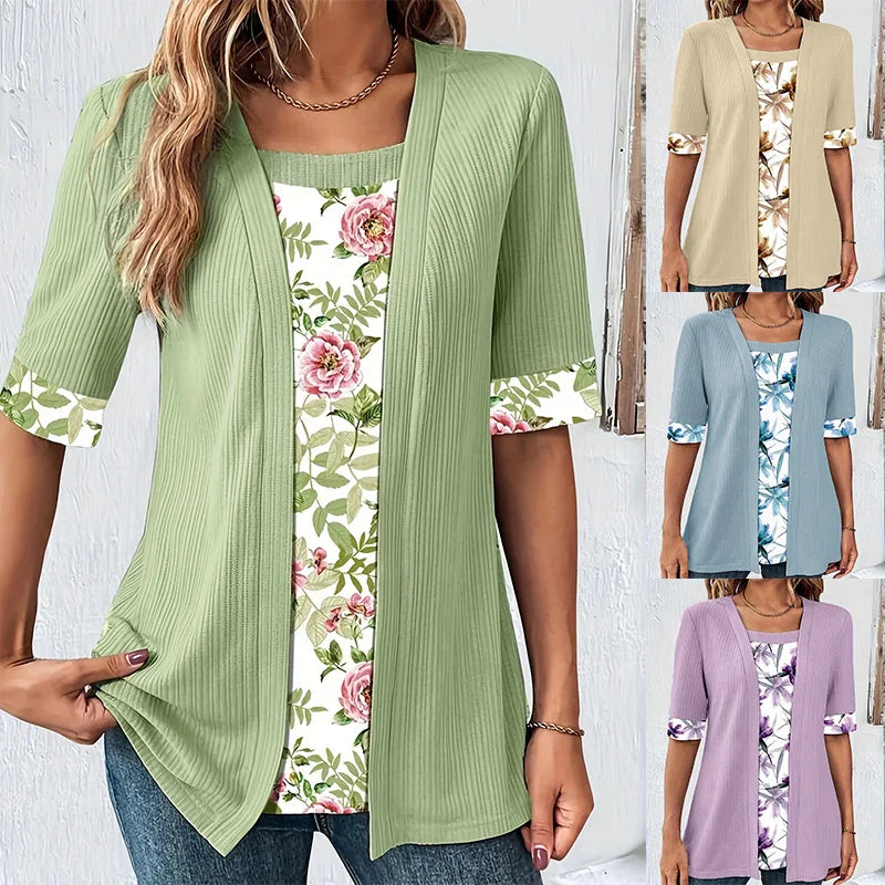 Plus size patchwork T-shirt by MAIRA'S COLLECTIONS featuring colorful fabric patches and a casual fit.