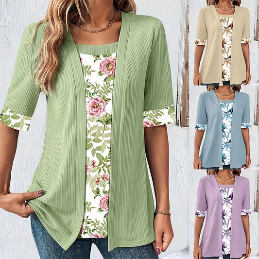 Plus size patchwork T-shirt by MAIRA'S COLLECTIONS featuring colorful fabric patches and a casual fit.