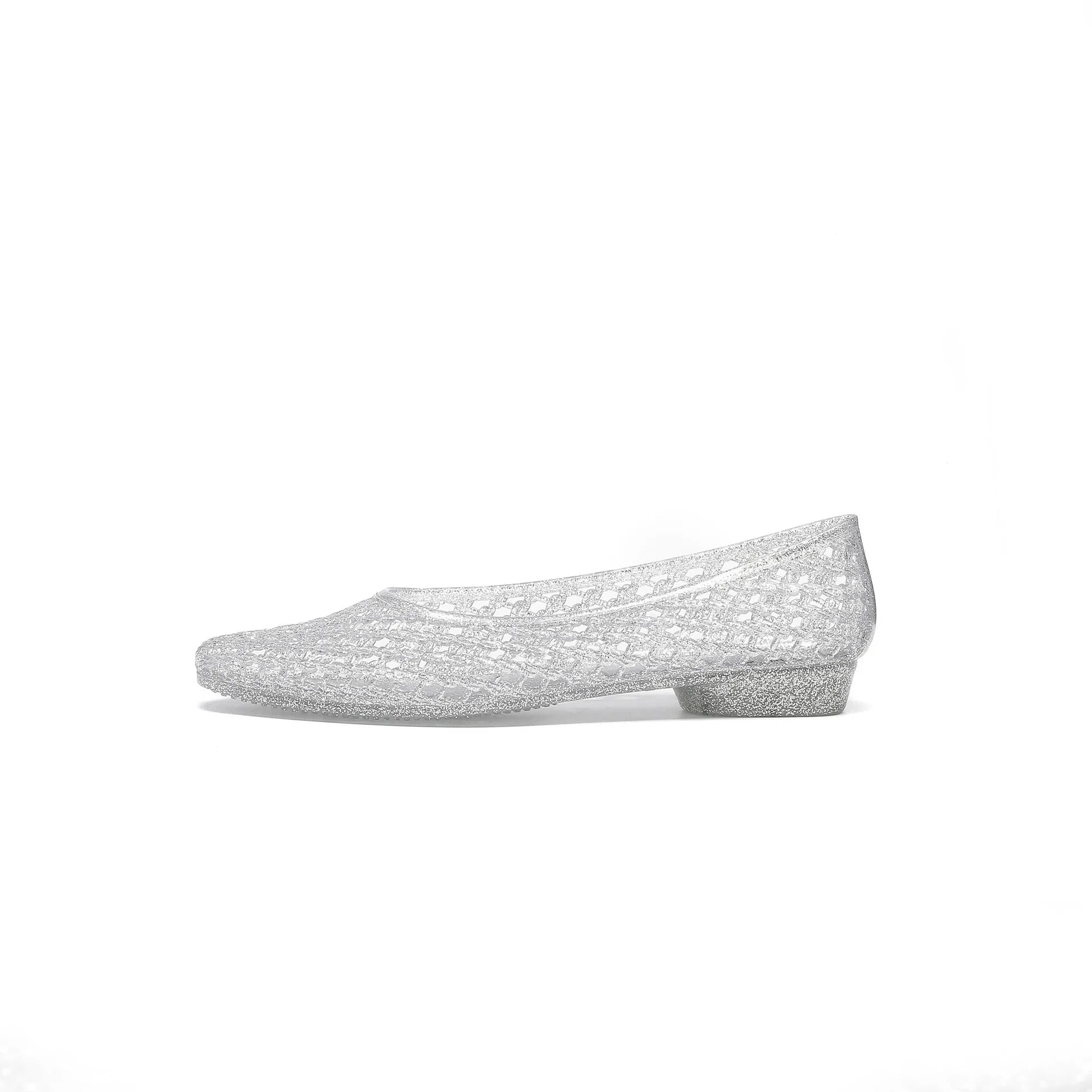 Women's crystal jelly flats by MAIRA'S COLLECTIONS featuring pointed toe summer sandals with clear, glossy finish.