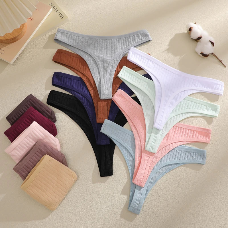 Set of four MAIRA'S COLLECTIONS cotton ribbed seamless thongs for women in solid colors, featuring a comfortable, minimal design.