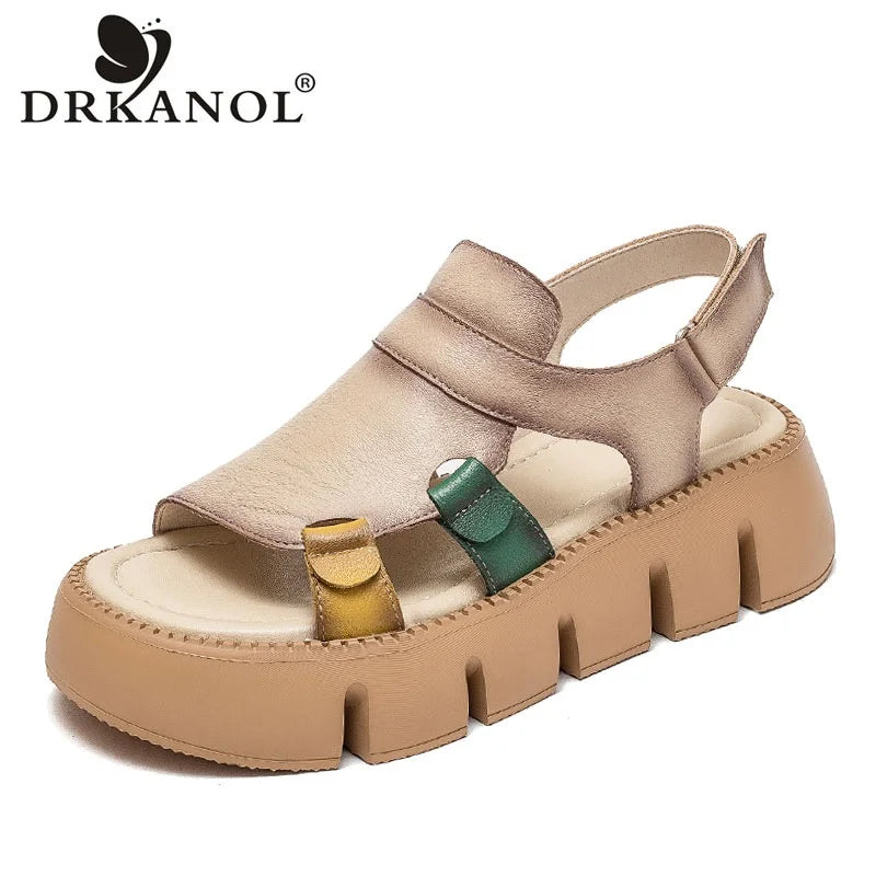 Women's genuine leather wedge sandals with platform soles from MAIRA'S COLLECTIONS, featuring casual, stylish design and tan color.