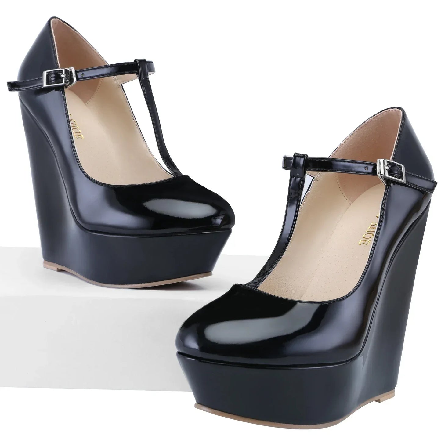 Women's platform wedge pumps by MAIRA'S COLLECTIONS featuring 14cm high heels and T-strap design for party occasions.