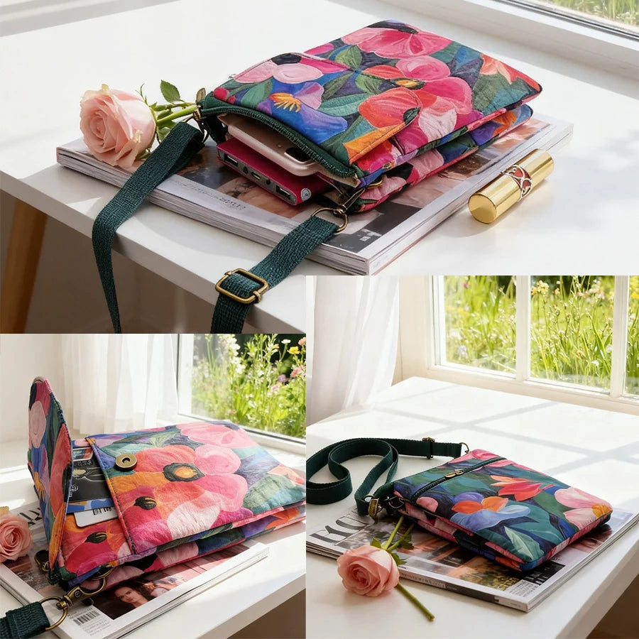 Women's printed crossbody phone bag by MAIRA'S COLLECTIONS with colorful floral design and adjustable strap.