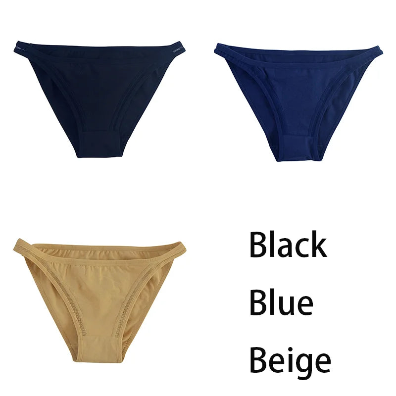 Set of three women's cotton panties by MAIRA'S COLLECTIONS featuring solid color bikini style and mesh underlay for comfortable fit.
