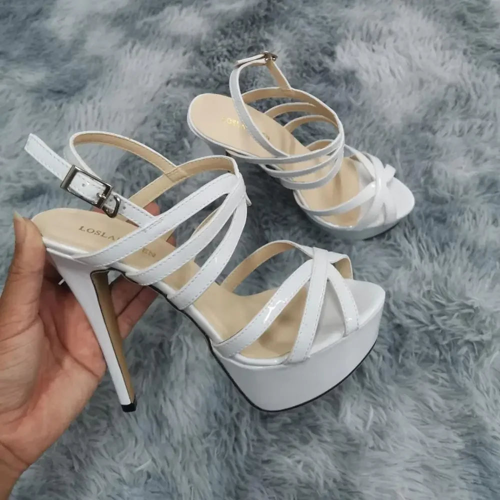 Women's 14cm platform high heel sandals with ankle straps from MAIRA'S COLLECTIONS, showcasing beige open-toe pumps.