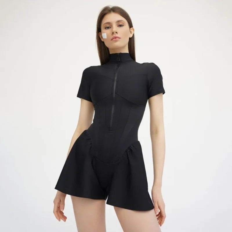 Women's slim fit zip-up jumpsuit by MAIRA'S COLLECTIONS, featuring a stylish silhouette and comfortable design, shown in black.