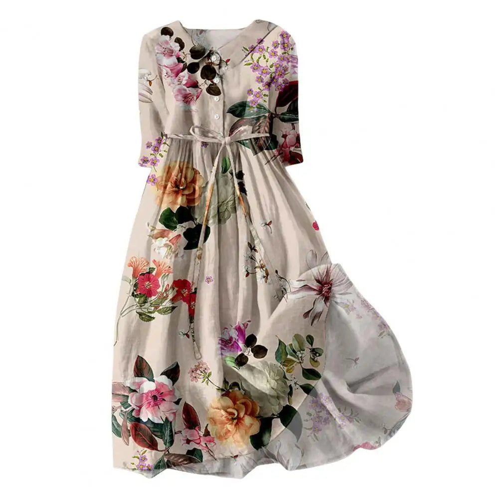 Bohemian floral A-line midi dress by MAIRA'S COLLECTIONS featuring a flowing design and vibrant floral pattern.