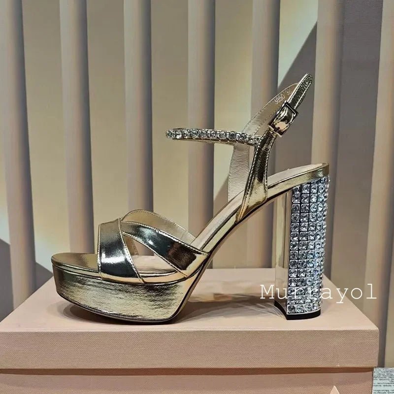Women's satin platform high heel sandals with rhinestone embellishments from MAIRA'S COLLECTIONS, perfect for parties.