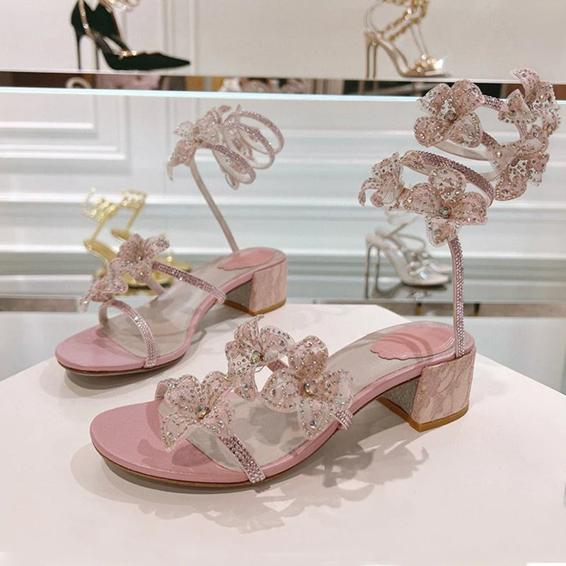 Women's rhinestone square heel sandals by MAIRA'S COLLECTIONS featuring sparkling embellishments and stylish design.