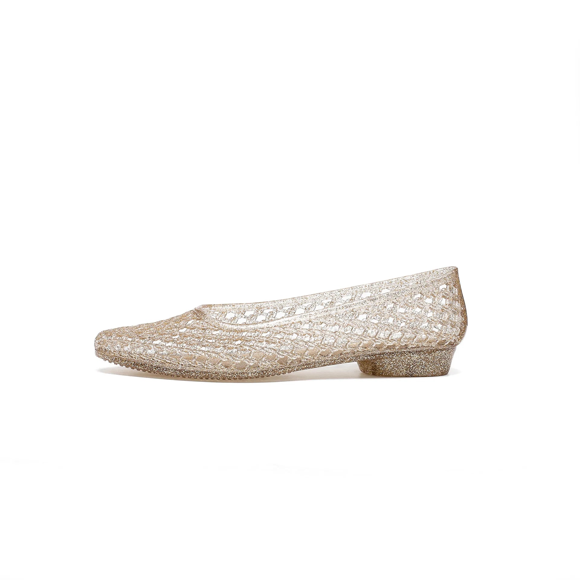 Women's crystal jelly flats by MAIRA'S COLLECTIONS featuring pointed toe summer sandals with transparent, glossy finish and decorative crystals.