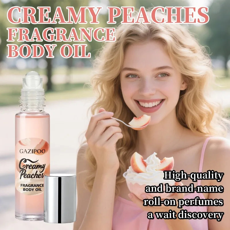 Peach Roll-On Perfume for Women by MAIRA'S COLLECTIONS, showing a sleek glass bottle with a peach-colored roll-on applicator.