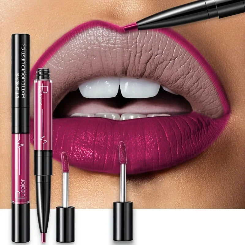 Double-ended lipstick and lip liner by MAIRA'S COLLECTIONS, showing a sleek dual-use makeup product with lipstick and lip liner tips.