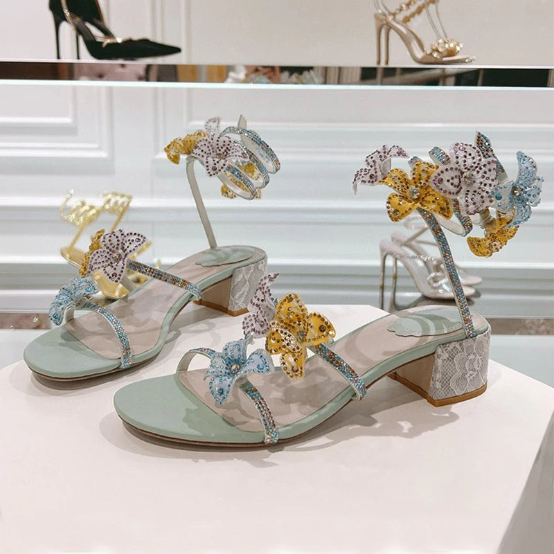 Women's rhinestone square heel sandals by MAIRA'S COLLECTIONS featuring sparkling embellishments and stylish open-toe design