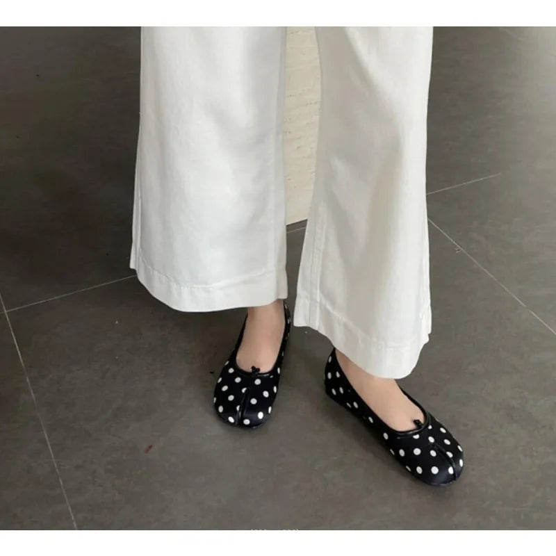 Women's polka dot Tabi flats by MAIRA'S COLLECTIONS featuring split toe ballerina shoe design and comfortable fabric upper.