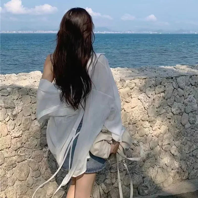 Women's lace-up beach blouse by MAIRA'S COLLECTIONS featuring lightweight fabric and stylish design for summer wear.