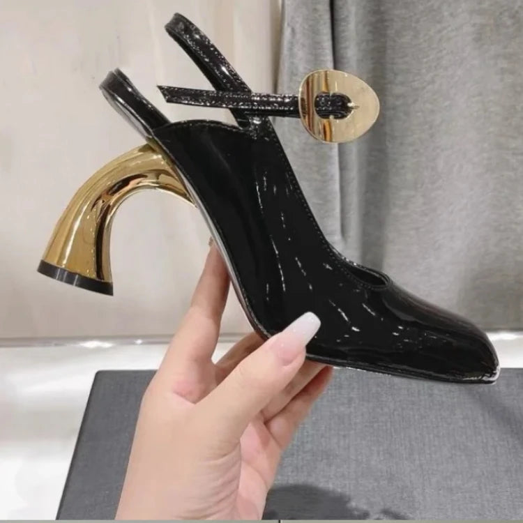 Women's cross strap high heel sandals with irregular heel design by MAIRA'S COLLECTIONS, showcasing stylish footwear with a unique heel shape.