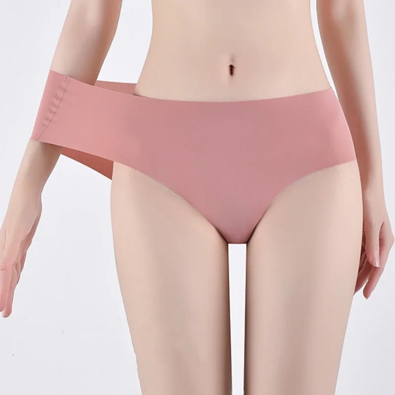 Set of three MAIRA'S COLLECTIONS ice silk high waist seamless panties for women, shown in a variety of colors on a flat surface.