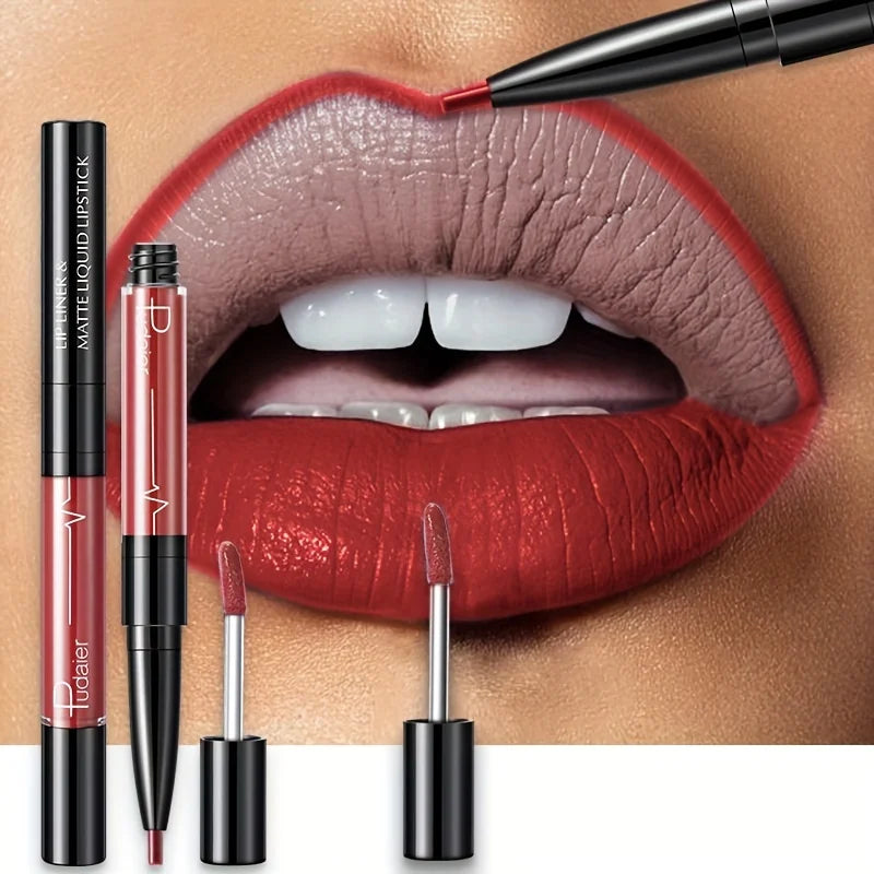 Double-ended lipstick and lip liner from MAIRA'S COLLECTIONS, showing the sleek dual-purpose makeup product with vibrant shades.