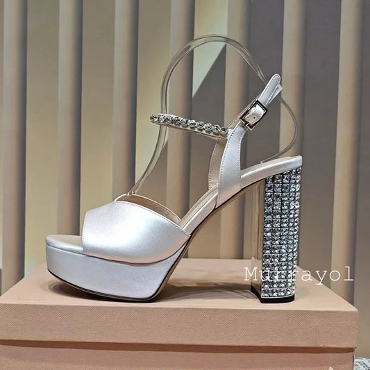 Women's satin platform high heel sandals with rhinestone embellishments from MAIRA'S COLLECTIONS, perfect for party occasions.