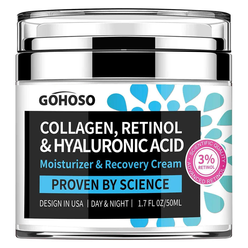 Retinol collagen face cream by MAIRA'S COLLECTIONS with a jar and pump dispenser, highlighting its nourishing skincare formula.