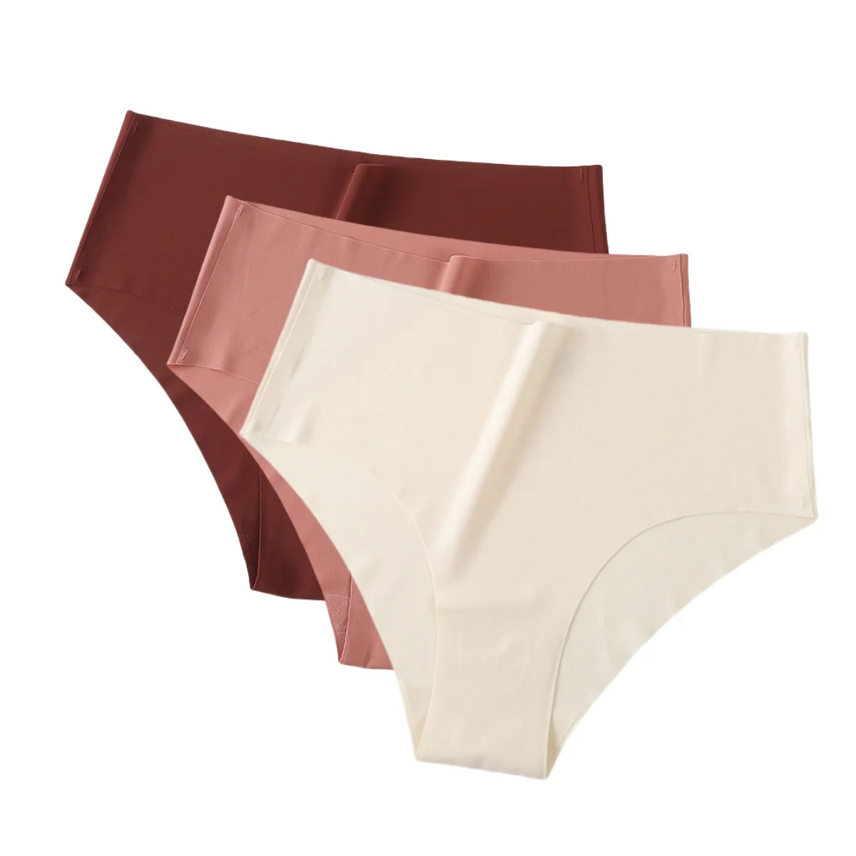 Set of three MAIRA'S COLLECTIONS ice silk high-waist seamless panties for women, showcasing soft, smooth fabric and comfortable fit.