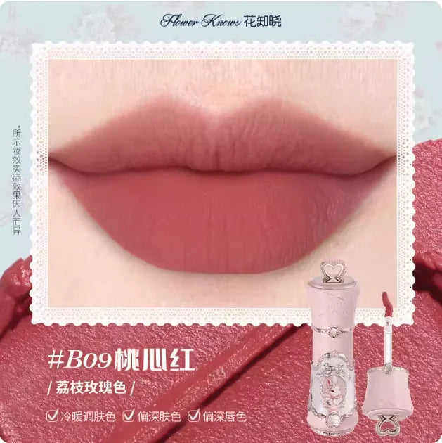 Flower Knows Strawberry Rococo Lip Cream by MAIRA'S COLLECTIONS, featuring a close-up of the creamy pink lip product with floral packaging.