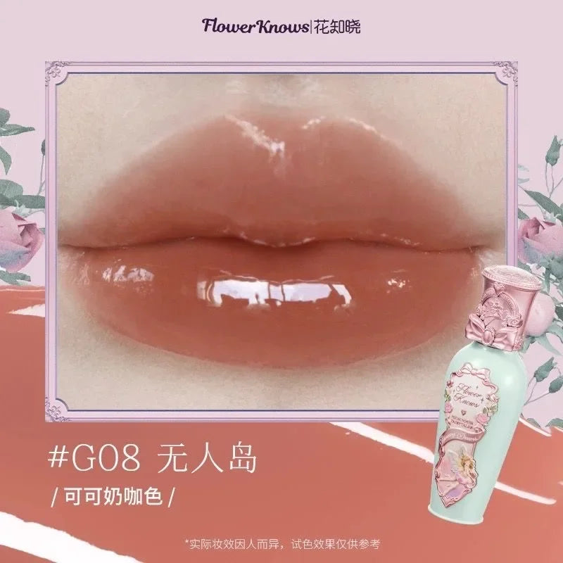 Flower Knows Strawberry Rococo Lip Cream by MAIRA'S COLLECTIONS, featuring the lipstick tube with floral design and vibrant strawberry color.