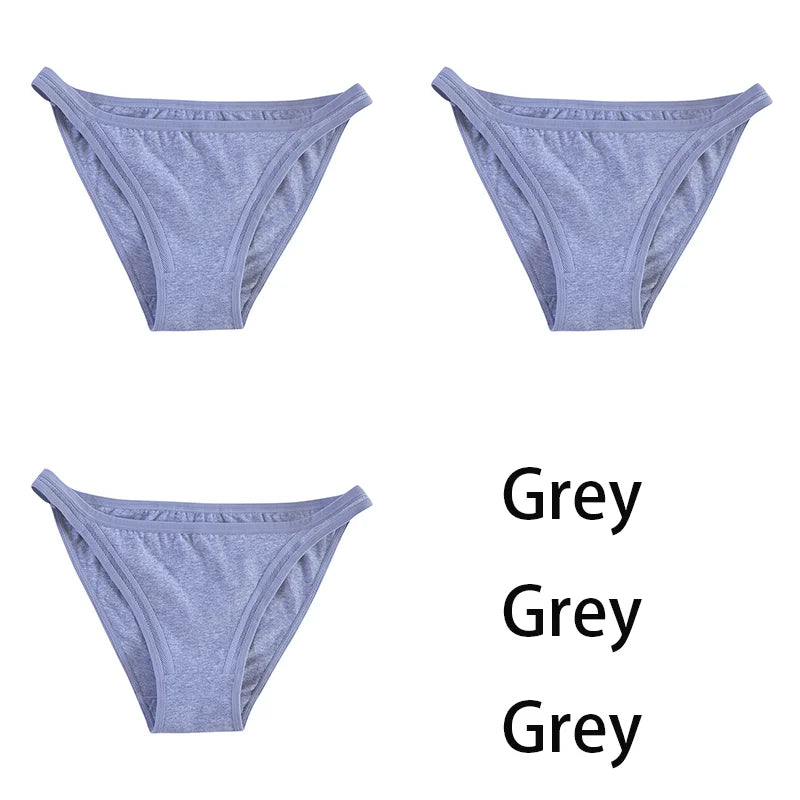 Set of three women's cotton panties by MAIRA'S COLLECTIONS featuring solid color bikinis with mesh panels, comfortable and breathable.