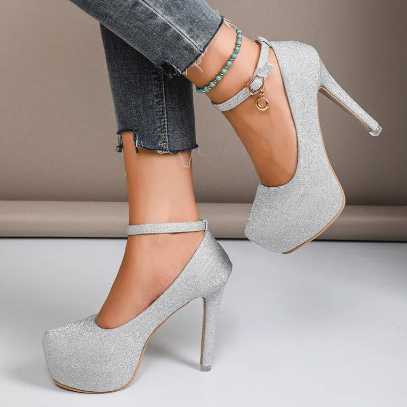 Women's platform thin heel shoes by MAIRA'S COLLECTIONS featuring stylish design and comfortable height, shown in a sleek black color.