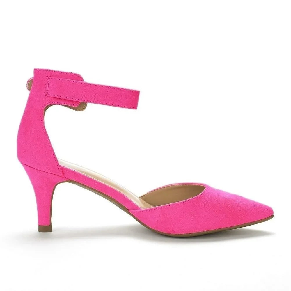Women's suede ankle strap sandals with 5cm heel, ideal wedding shoes from MAIRA'S COLLECTIONS, shown in a stylish side view.
