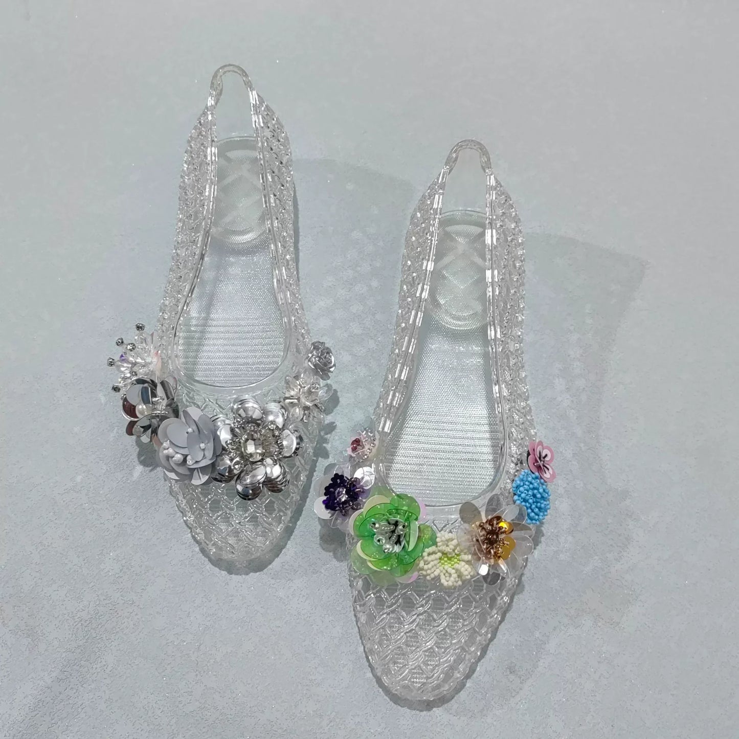 Women's Crystal Jelly Flats by MAIRA'S COLLECTIONS featuring pointed toe summer sandals with clear jelly material and decorative crystals.