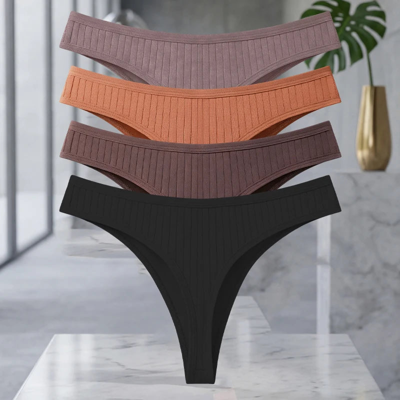 MAIRA'S COLLECTIONS cotton ribbed thong set for women, seamless solid color, four-piece collection with comfortable fit