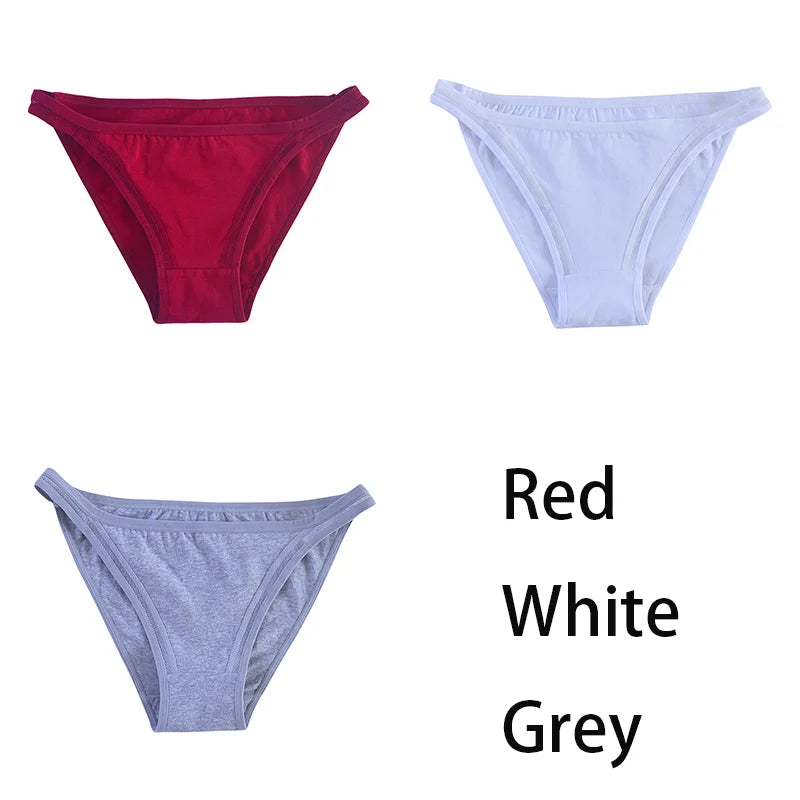Three pairs of women's cotton panties in solid color bikinis with mesh details, from MAIRA'S COLLECTIONS.