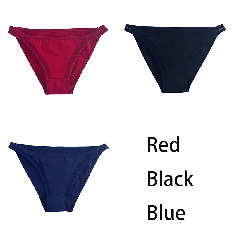 Set of three women's cotton bikini panties with mesh panels in solid colors from MAIRA'S COLLECTIONS.
