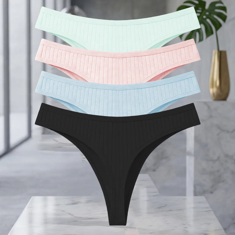 Set of four MAIRA'S COLLECTIONS cotton ribbed thong underwear for women, seamless solid color design displayed on a flat lay.
