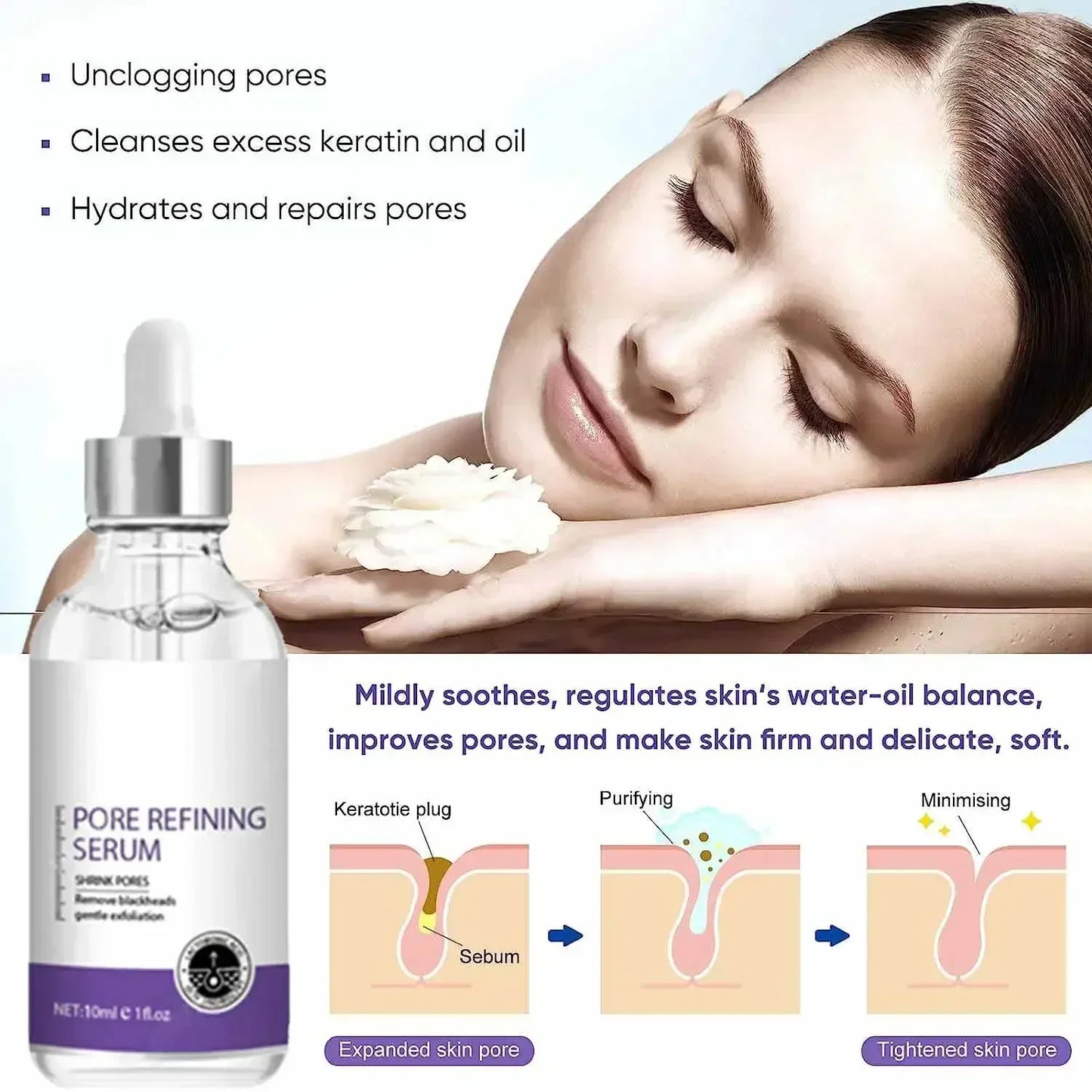 MAIRA'S COLLECTIONS pore minimizing serum with skin tightening and firming essence, shown in a sleek bottle on a white background.