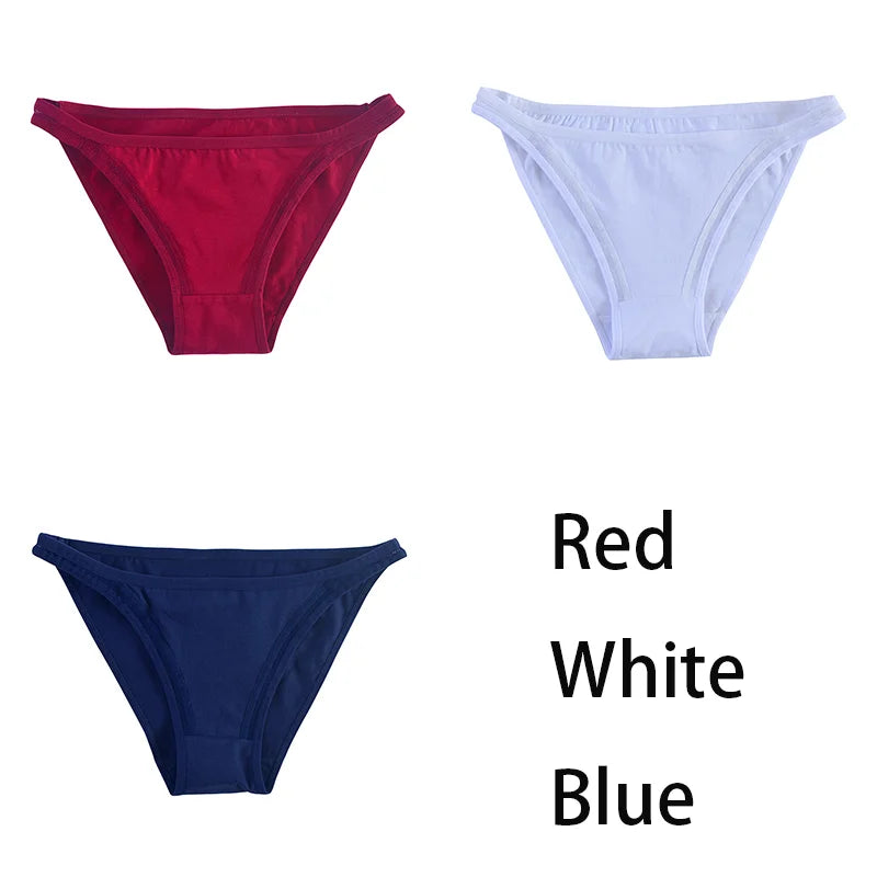 Three pairs of MAIRA'S COLLECTIONS women's cotton mesh bikini panties in solid colors, shown in close-up with soft fabric details.