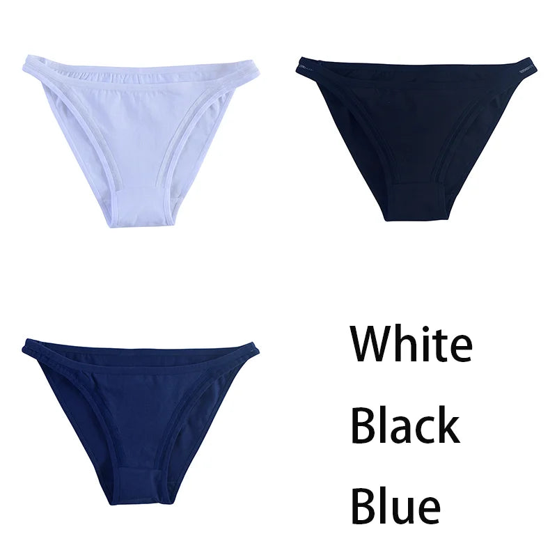 Three pairs of women's cotton panties from MAIRA'S COLLECTIONS, solid color bikini style with mesh details in a 3-piece set.