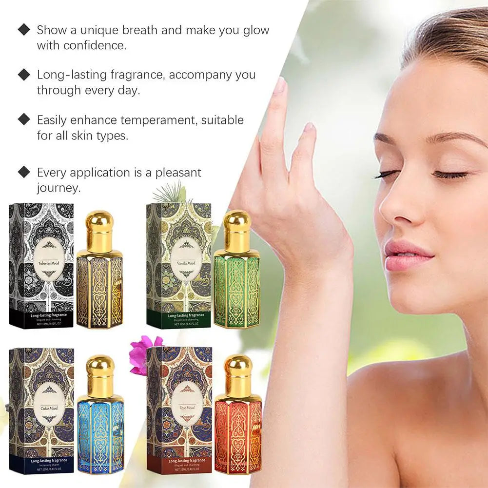 Arabian Charm perfume oil by MAIRA'S COLLECTIONS featuring a sleek bottle with elegant gold accents and a luxurious oriental fragrance.