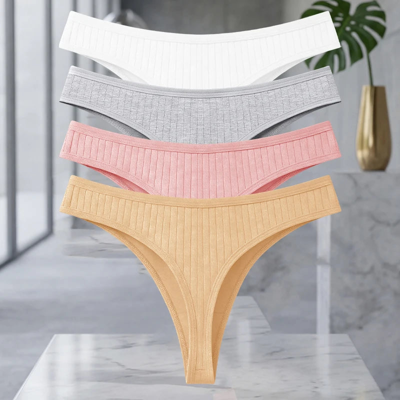 Set of four MAIRA'S COLLECTIONS cotton ribbed seamless thong underwear for women in solid colors, displayed on a flat surface.