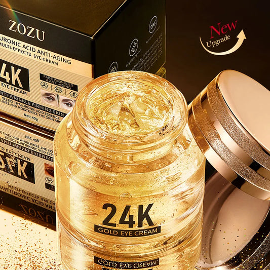 MAIRA'S COLLECTIONS 24K Gold Hyaluronic Eye Cream showing the elegant jar with gold accents for firming and moisturizing eye care.