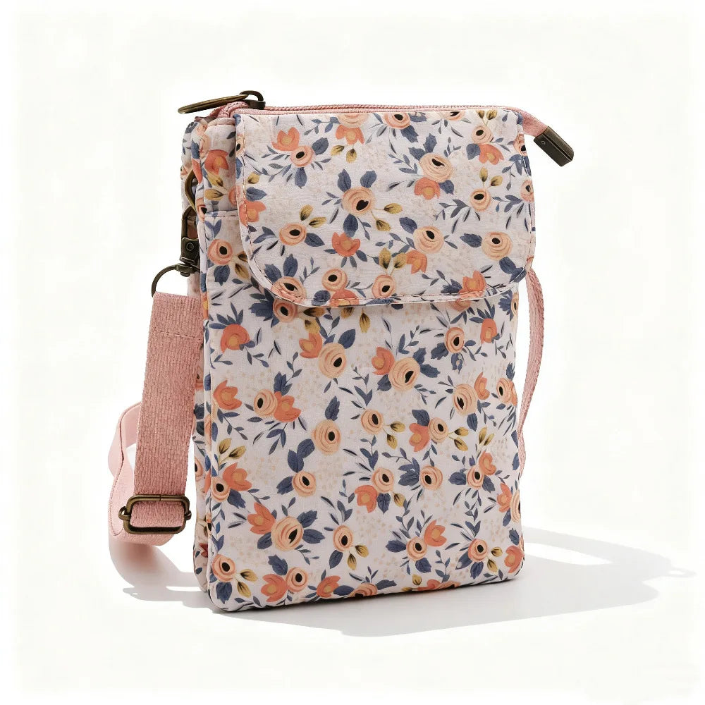 Women's printed crossbody phone bag by MAIRA'S COLLECTIONS, featuring a colorful floral pattern and adjustable strap.