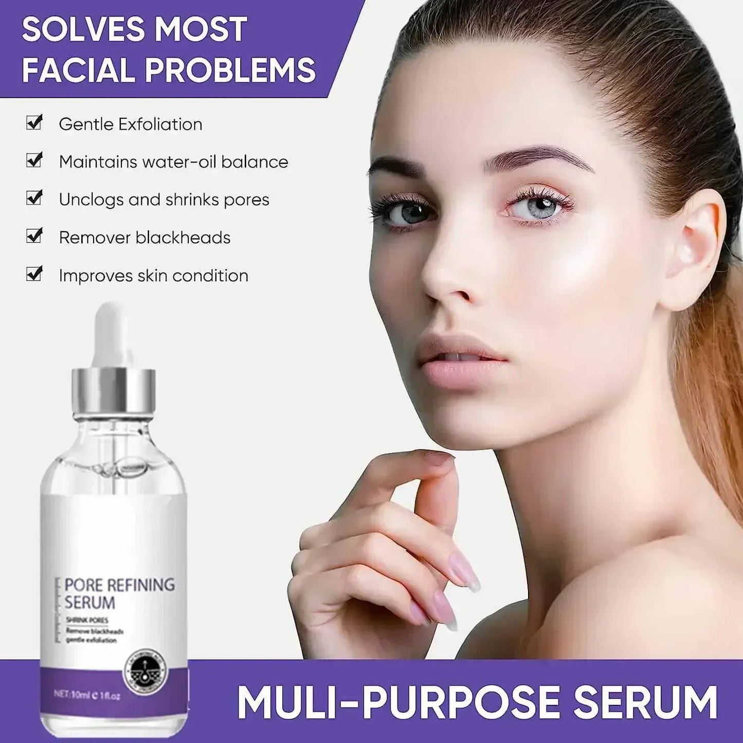 MAIRA'S COLLECTIONS pore minimizing serum with skin tightening and firming essence, showing a sleek bottle with dropper applicator.