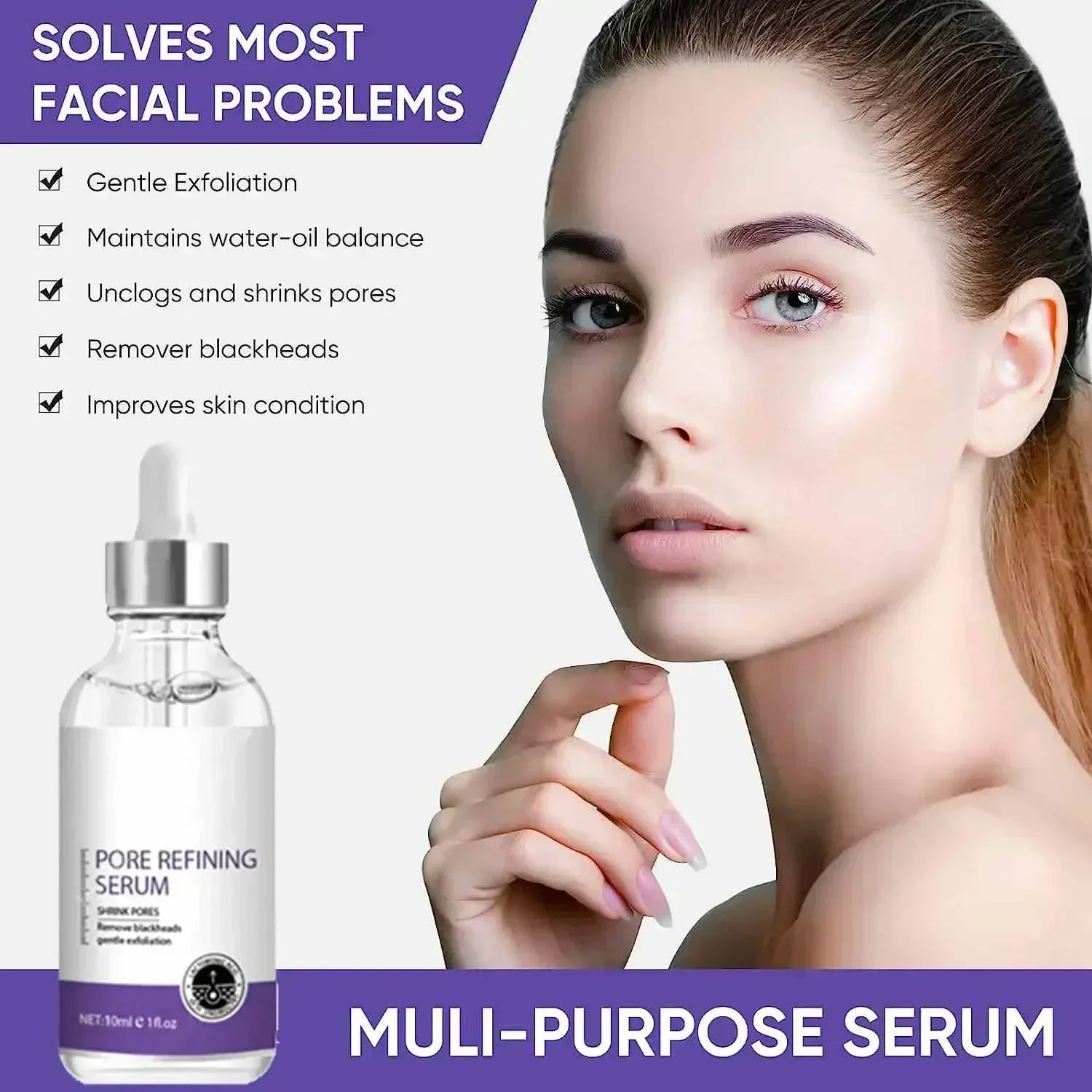 MAIRA'S COLLECTIONS pore minimizing serum with skin tightening and firming essence, showing a sleek bottle with dropper applicator.