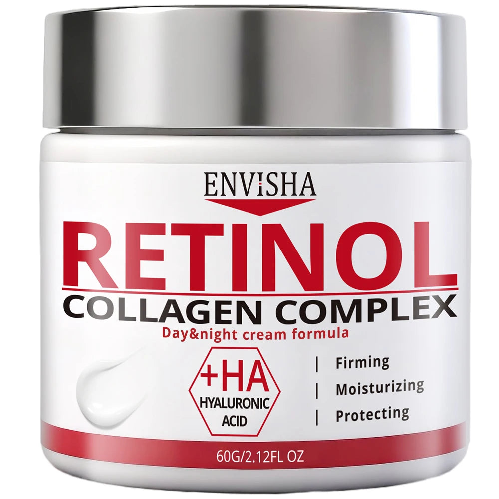 Retinol collagen face cream by MAIRA'S COLLECTIONS showing a jar of anti-aging skincare with a smooth cream texture.